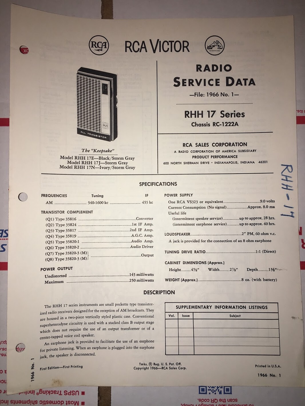 RCA Victor Radio Service Data File 1966 #1 RHH 17 Series Chassis RC-1222A