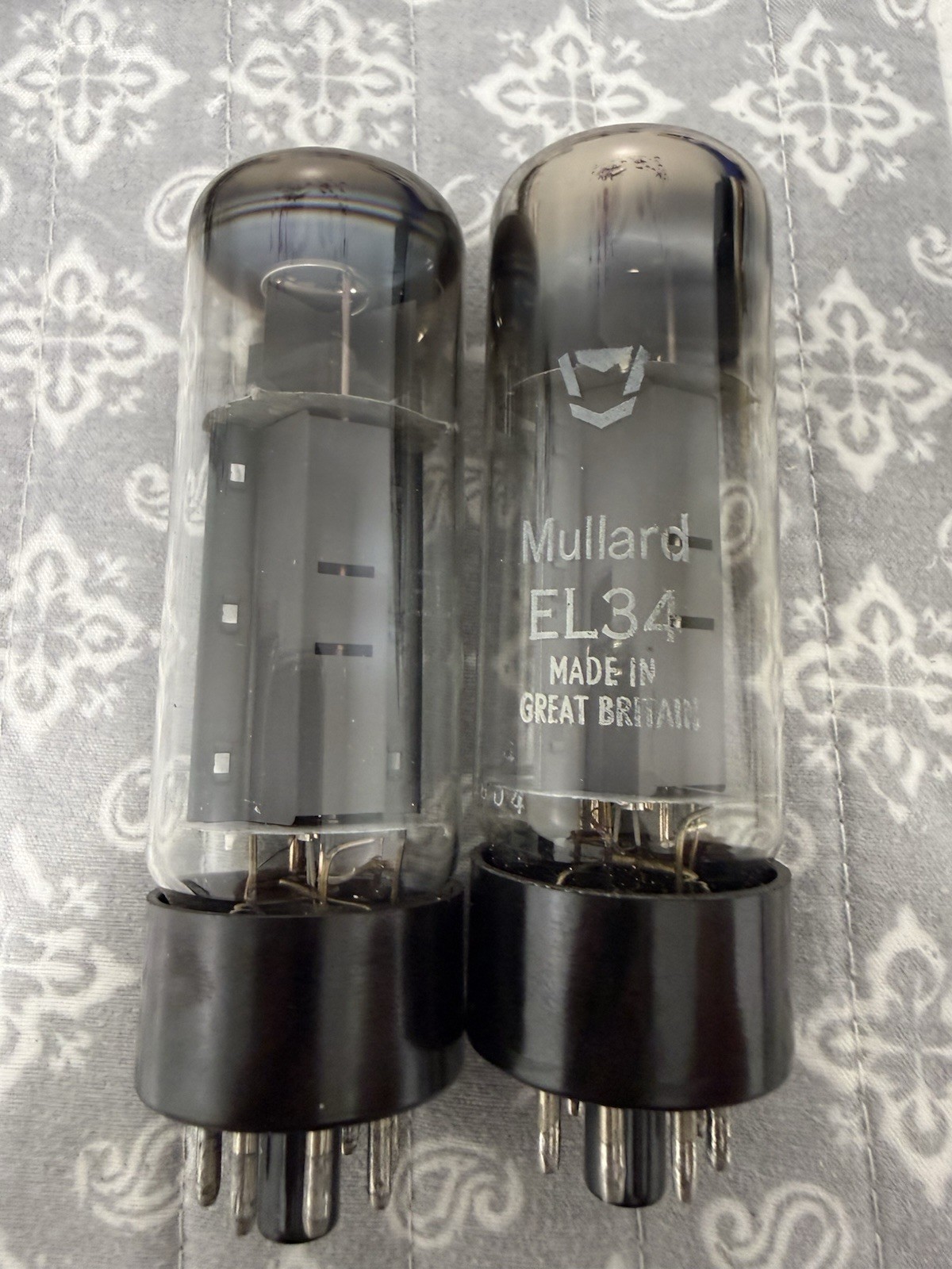 Mullard EL34 6CA7 xf4 Black Base O Getter Nos Testing Values Matched Pair