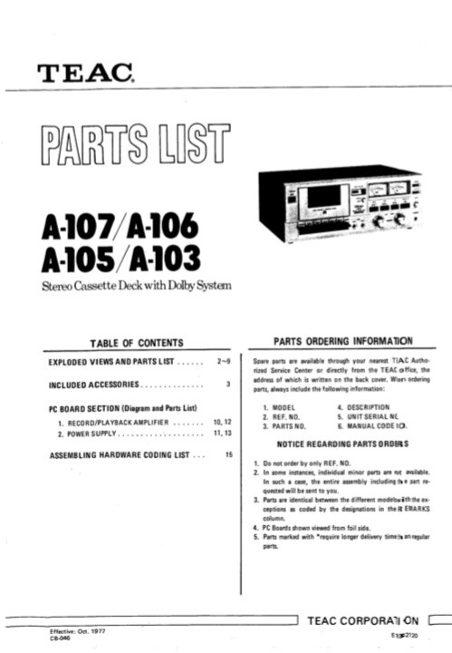 Teac A-106 A-107 A-103 A-105 Tape Deck SERVICE MANUAL