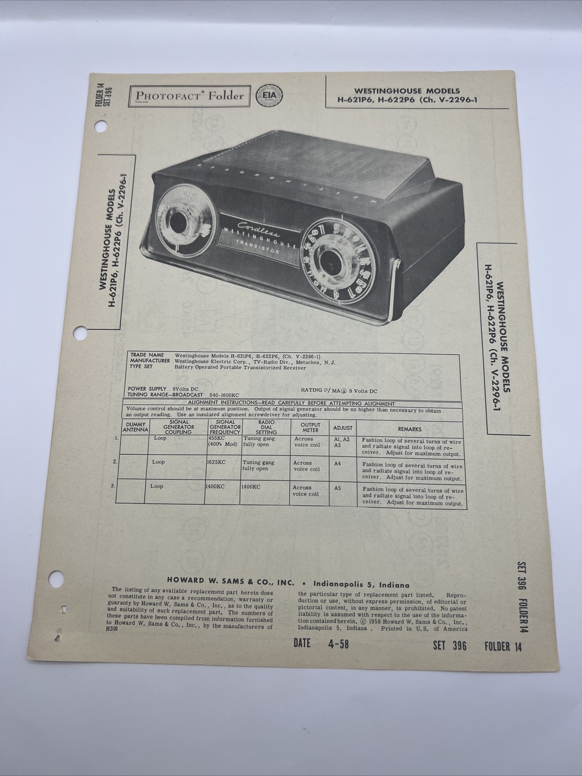 Vintage 1958 SAMS PHOTOFACT Manual Schematic Westinghouse H-621P6 Transistor