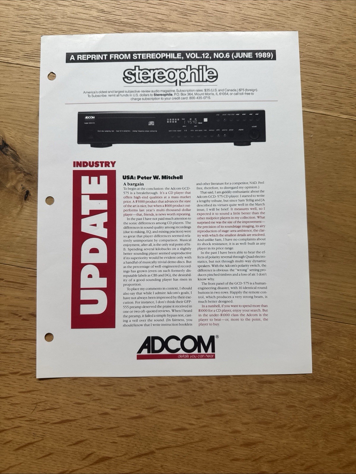 ADCOM GCD-575 Stereophile Reprint June 1989 Original Review Audio Literature