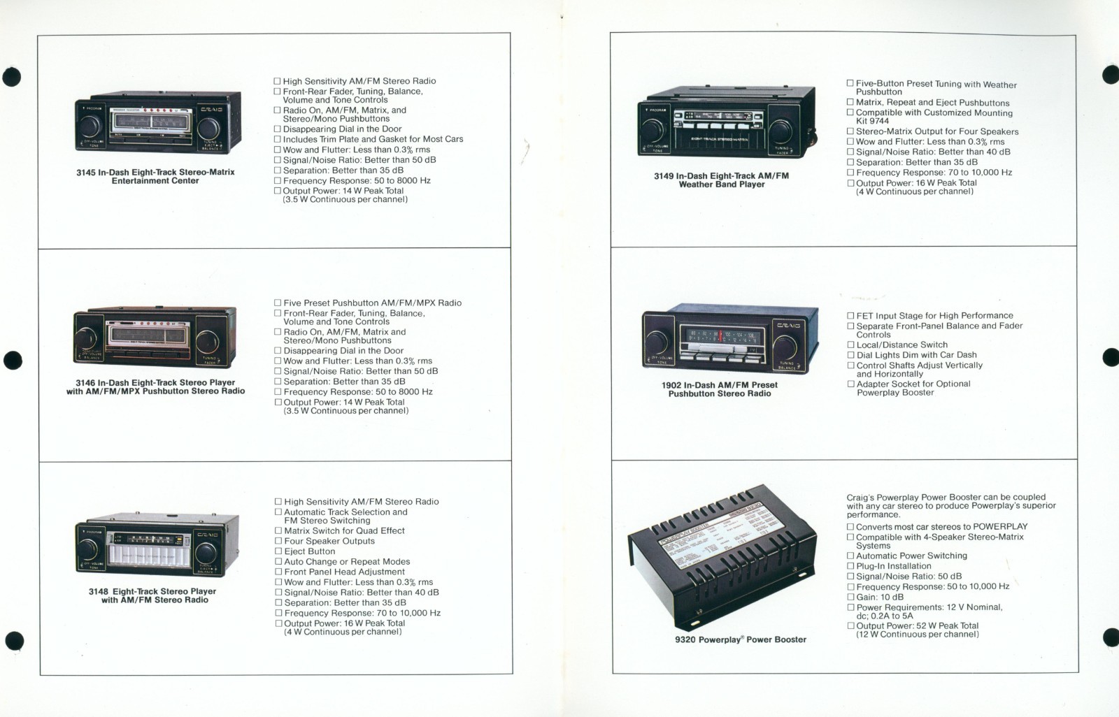 1978 Craig In Dash Car Stereo Dealer Brochure Cassette 8 Track Speakers Amp Auto