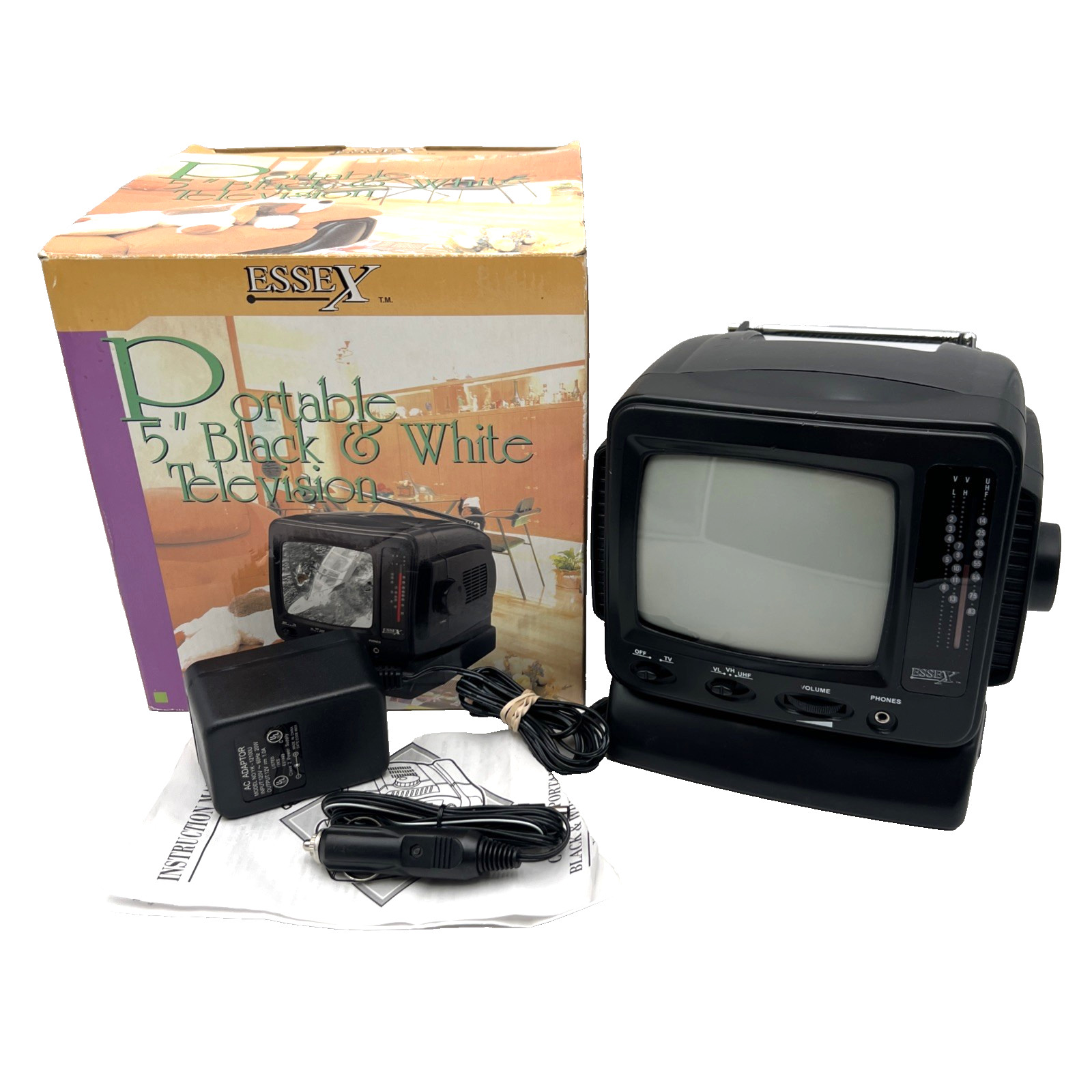 Essex Portable 5″ Black And White Television TV With Power Cable & Box Tested