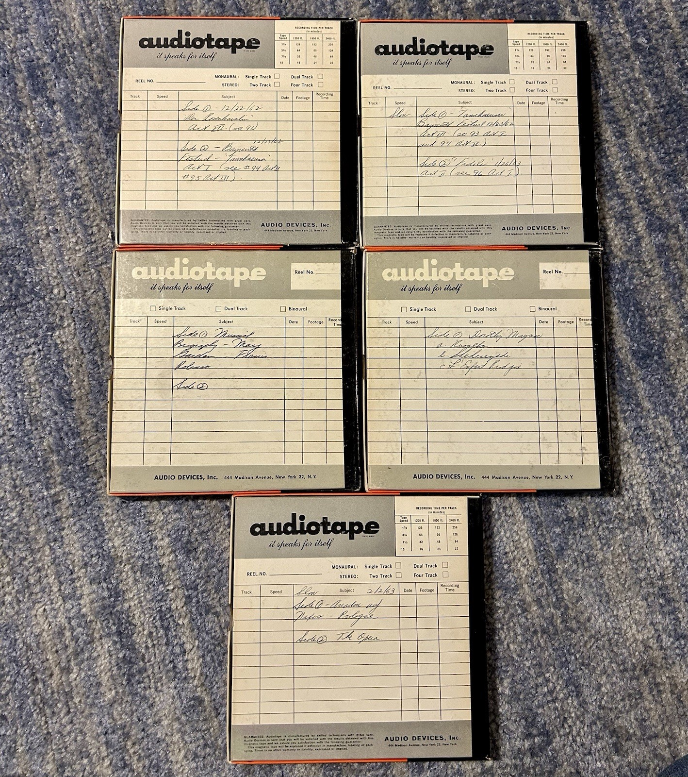 5 Vintage 1960’s Audiotape 1251 Reel to Reel Professional Tape, Used Opera