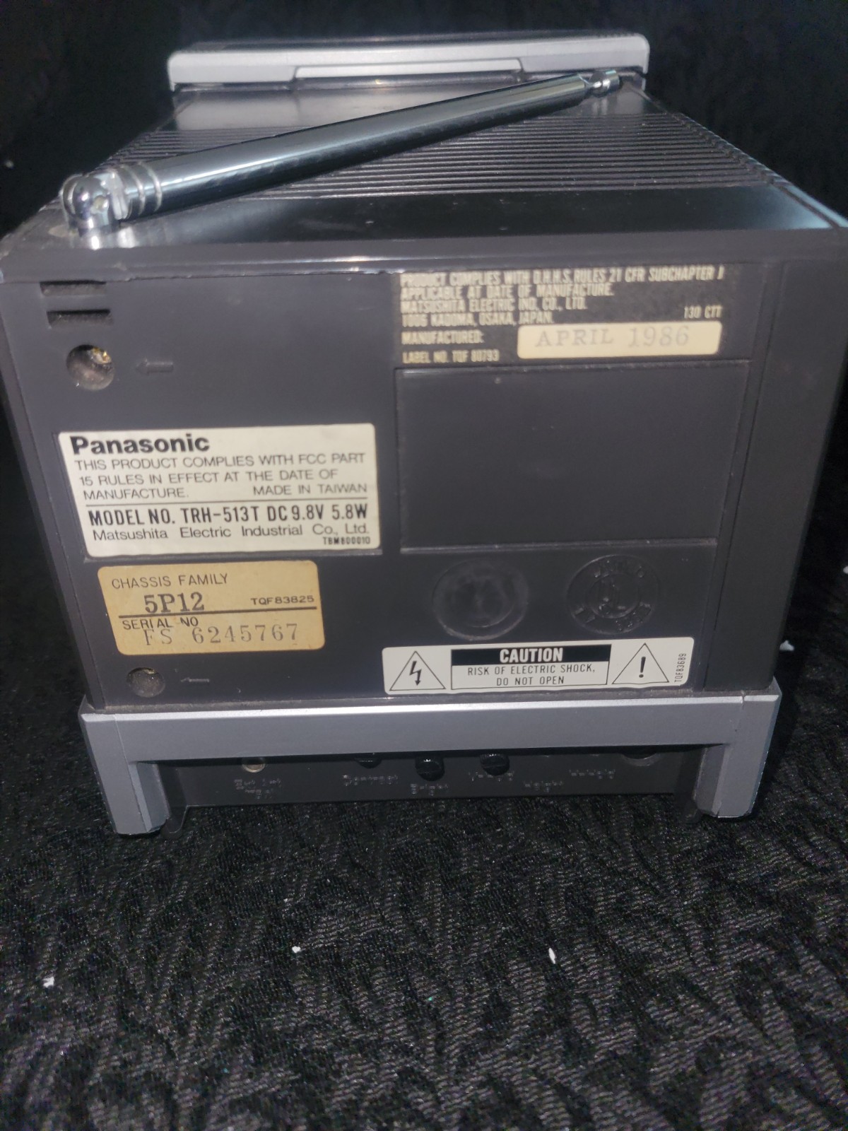 Vintage 1986 Panasonic TRH-513T Portable 5in Black and White TV AM FM Radio
