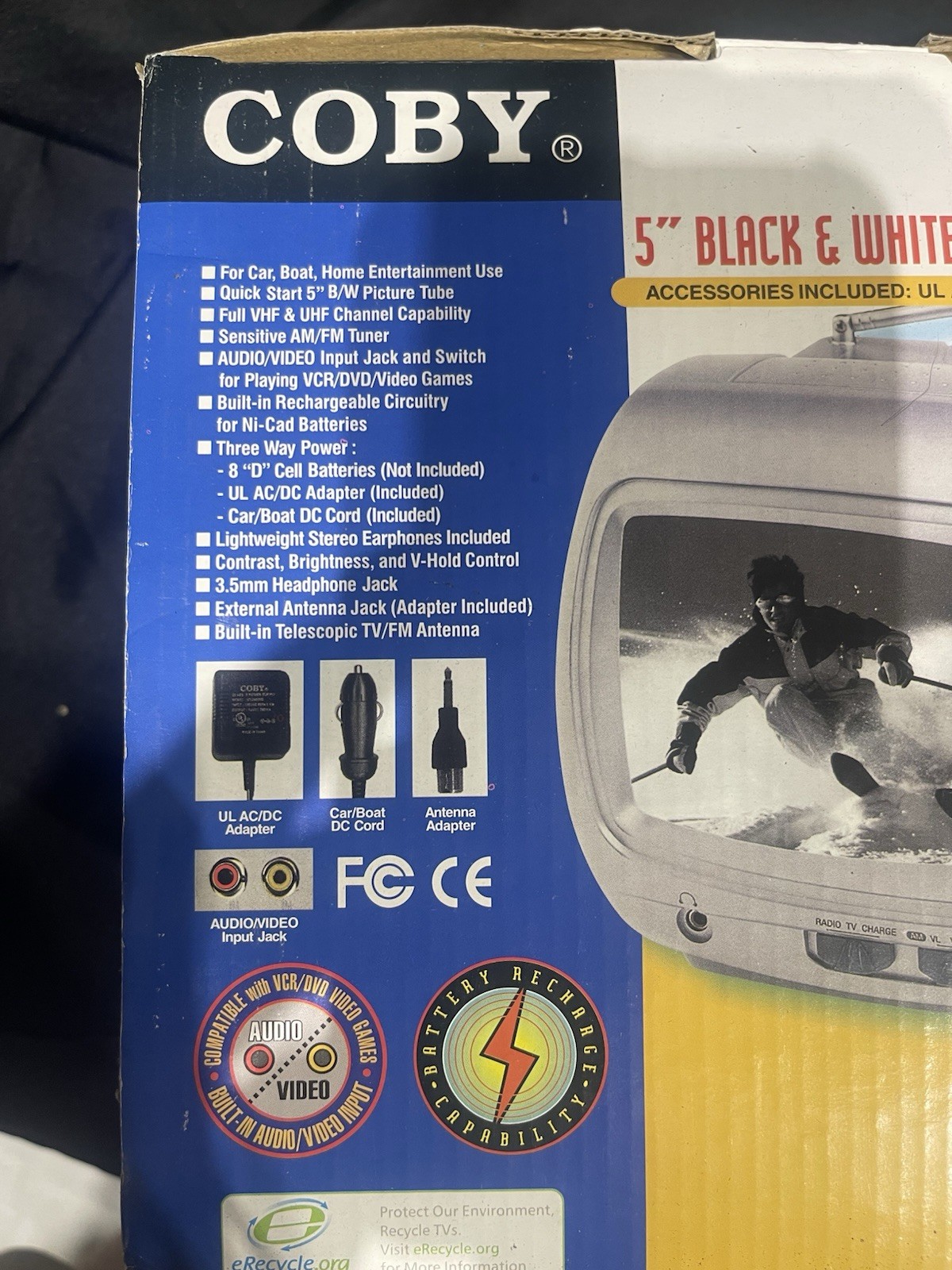 COBY CX-TV1 Portable 5″ Black & White Television w/ AM/FM Radio New Open Box