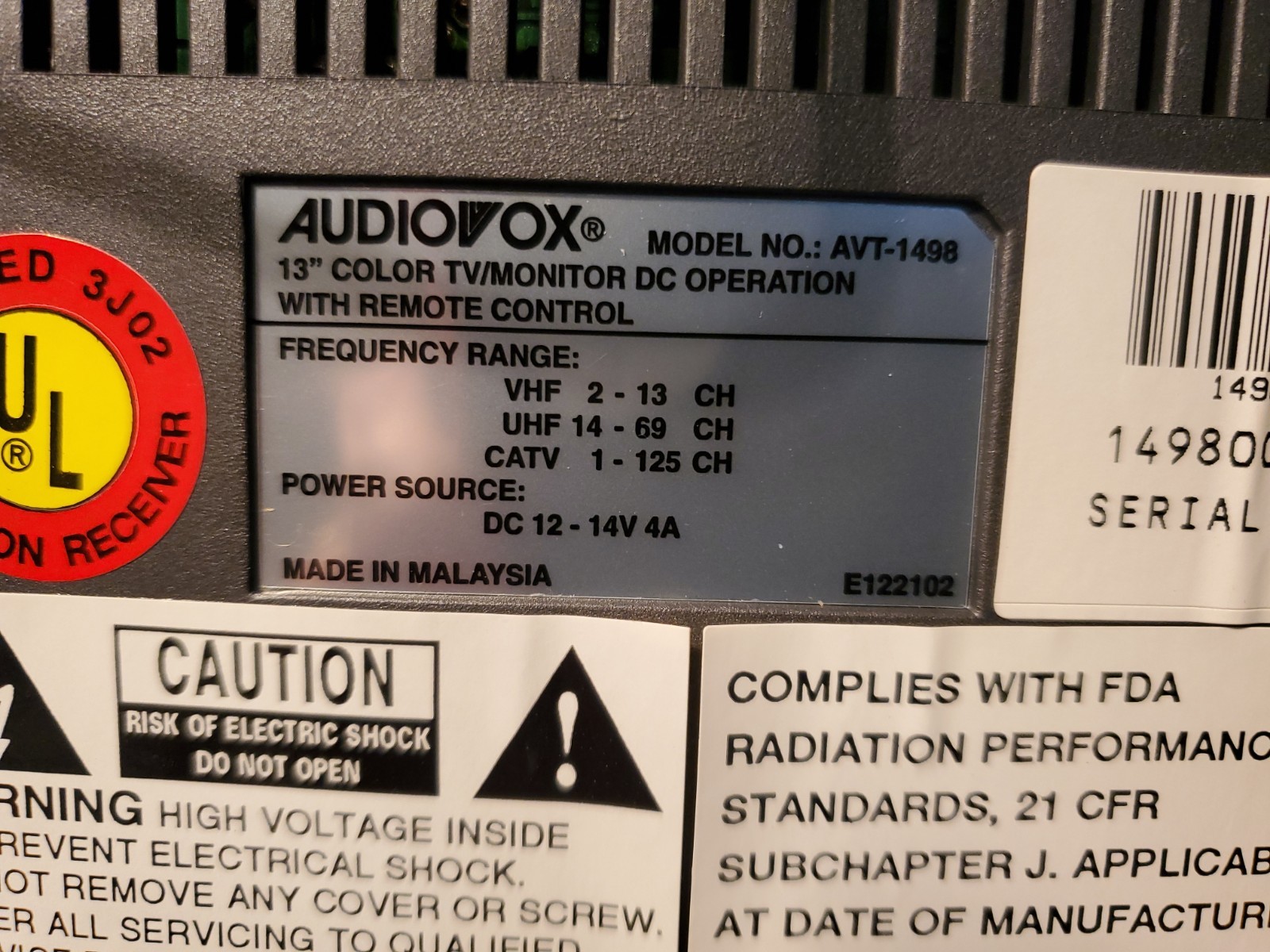 Audiovox AVT-1498 13″ Color Tv CRT Monitor W/ Power, AV Cable And Antenna WORKS!