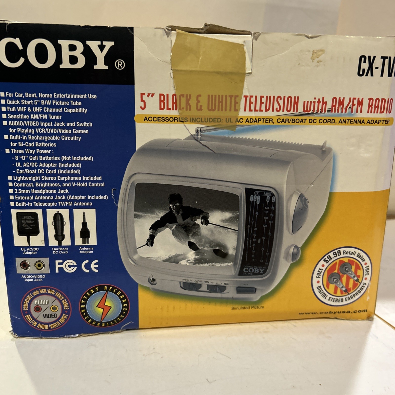 COBY CX-TV6 NOS 5″ B&W TV W/ AM/FM Radio OPEN BOX TESTED