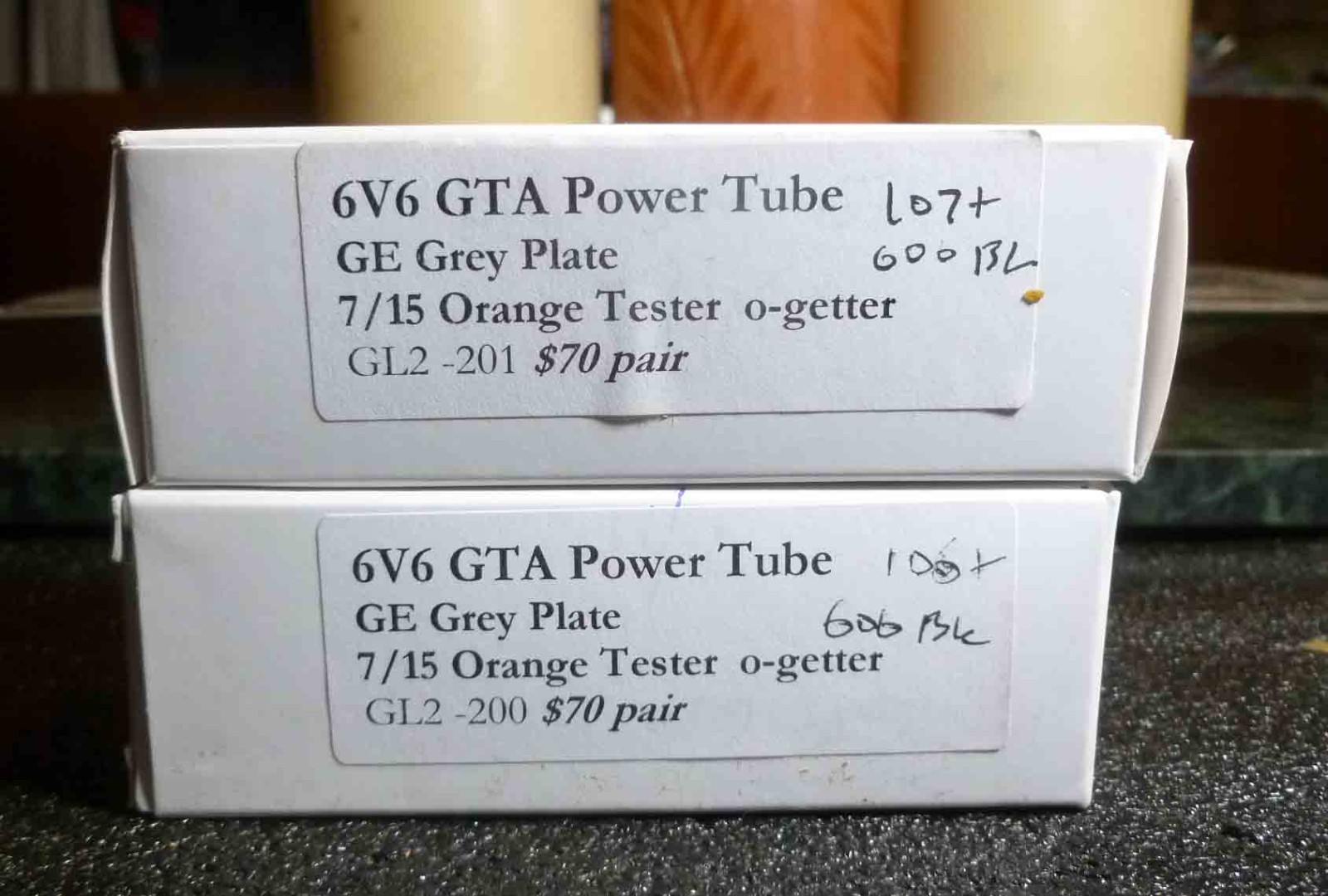 Pair GE Grey Plate 6v6 GTA Power Tubes 7/15 on the Orange Tester
