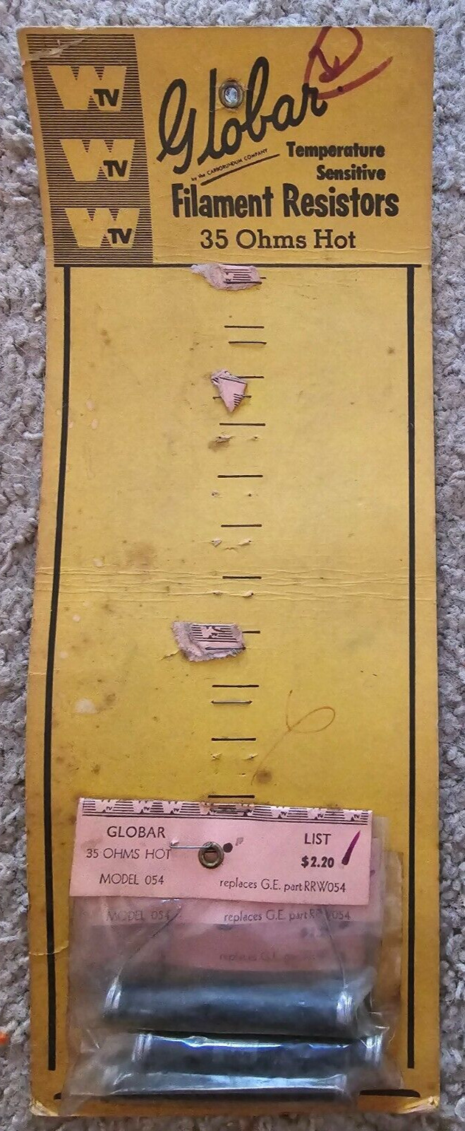 Globar Filament Resistor Model 054 – Lot of 6 NOS On Hanging Displays – 35 Ohms