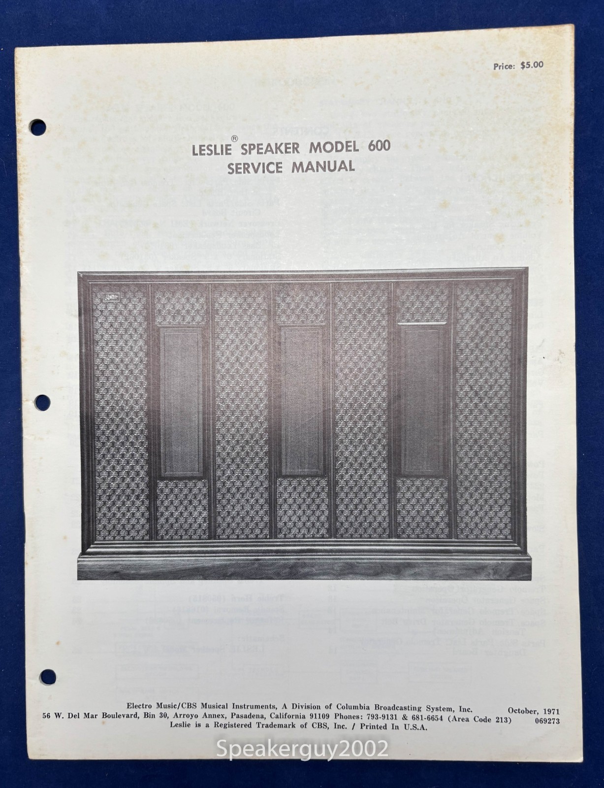 Original Leslie Speaker Model 600 Service Manual — CS2