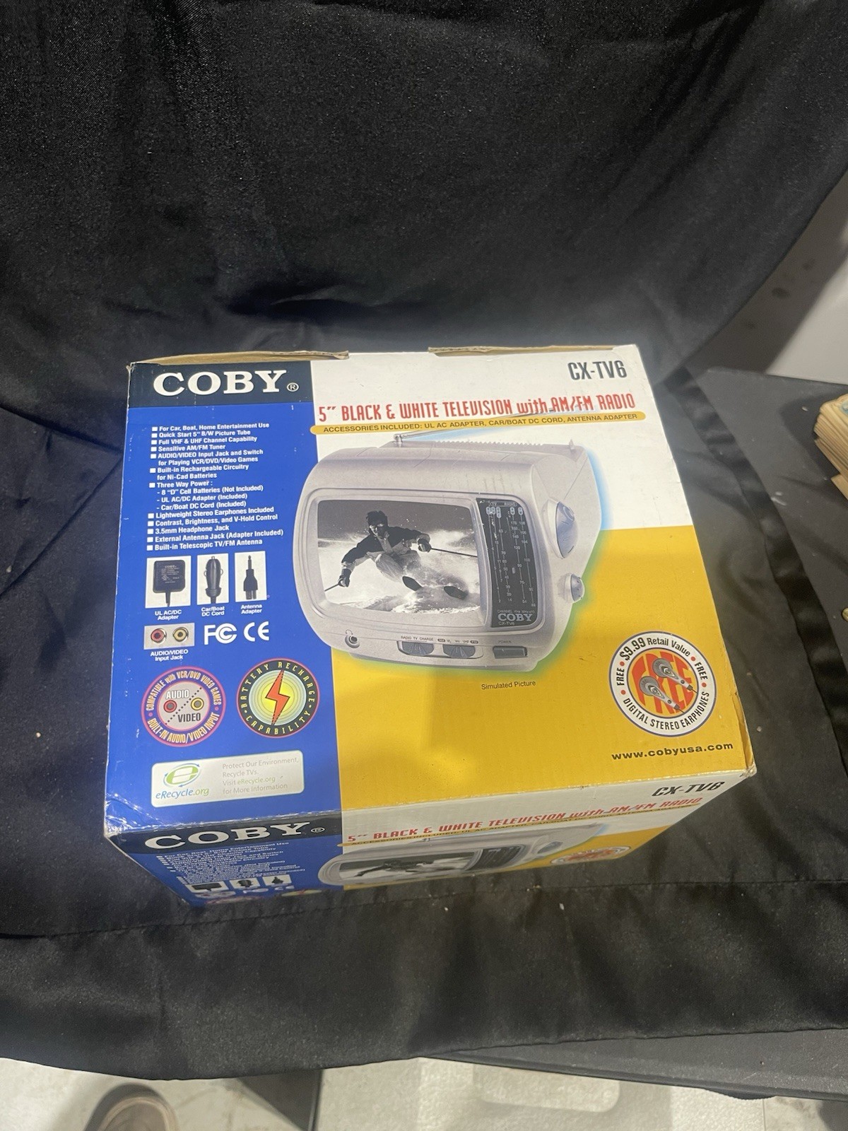 COBY CX-TV1 Portable 5″ Black & White Television w/ AM/FM Radio New Open Box