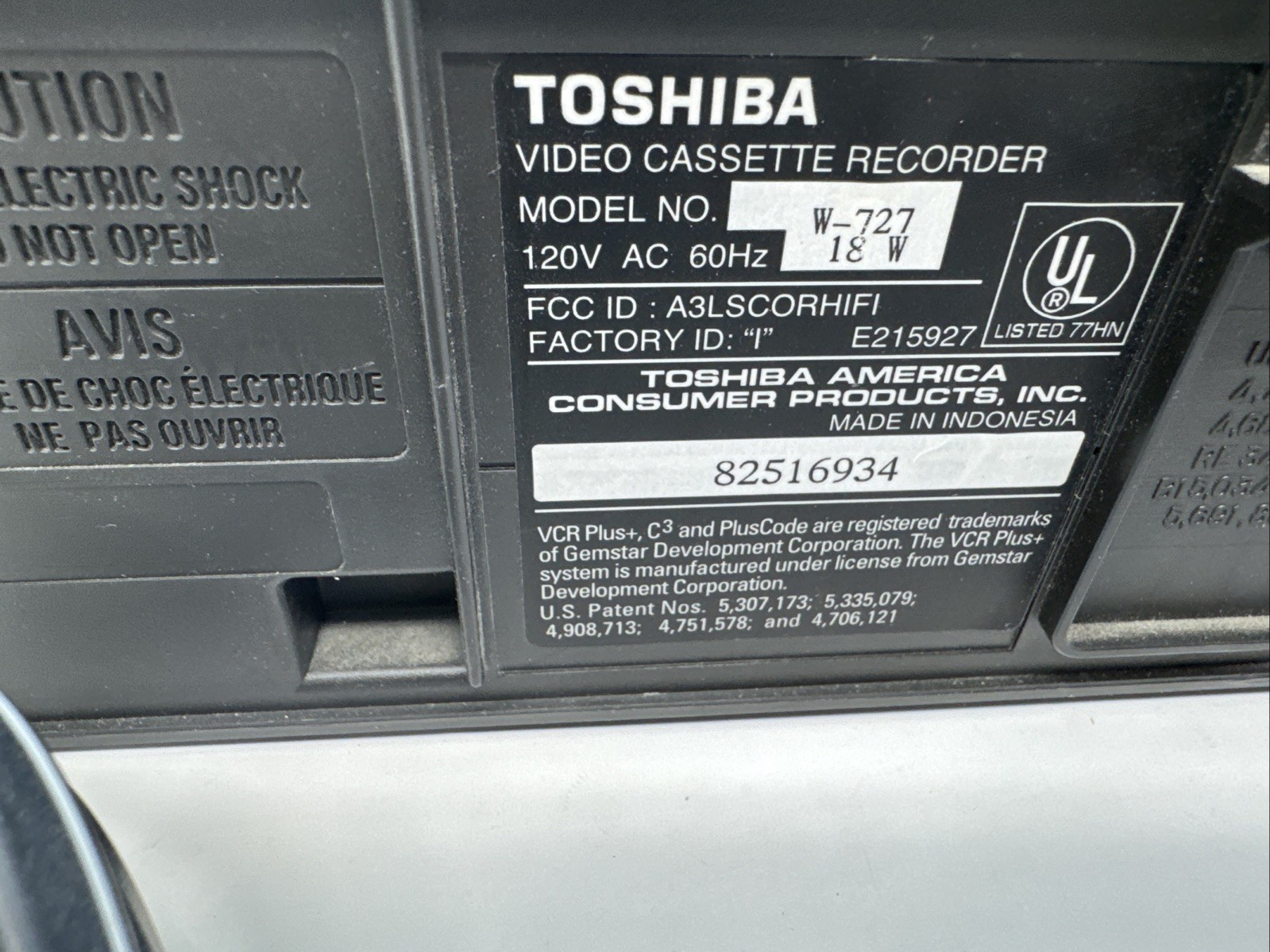 Toshiba VCR Model: W-727 VHS Player/Recorder-No Remote-Tested Works