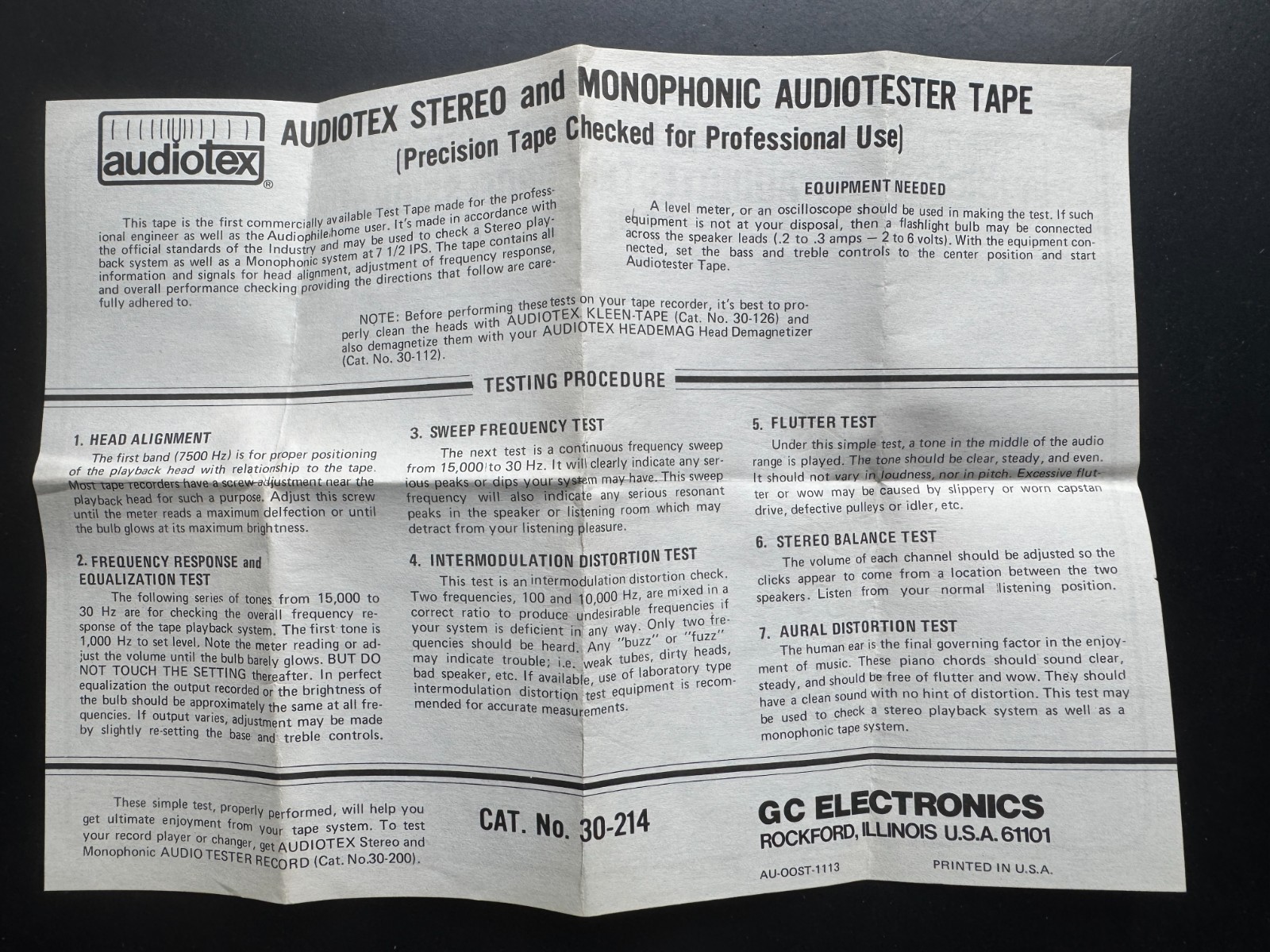 VINTAGE AUDIOTESTER REEL TAPE – Stereo & Mono Testing – Audiotex 30-214 NIB NOS