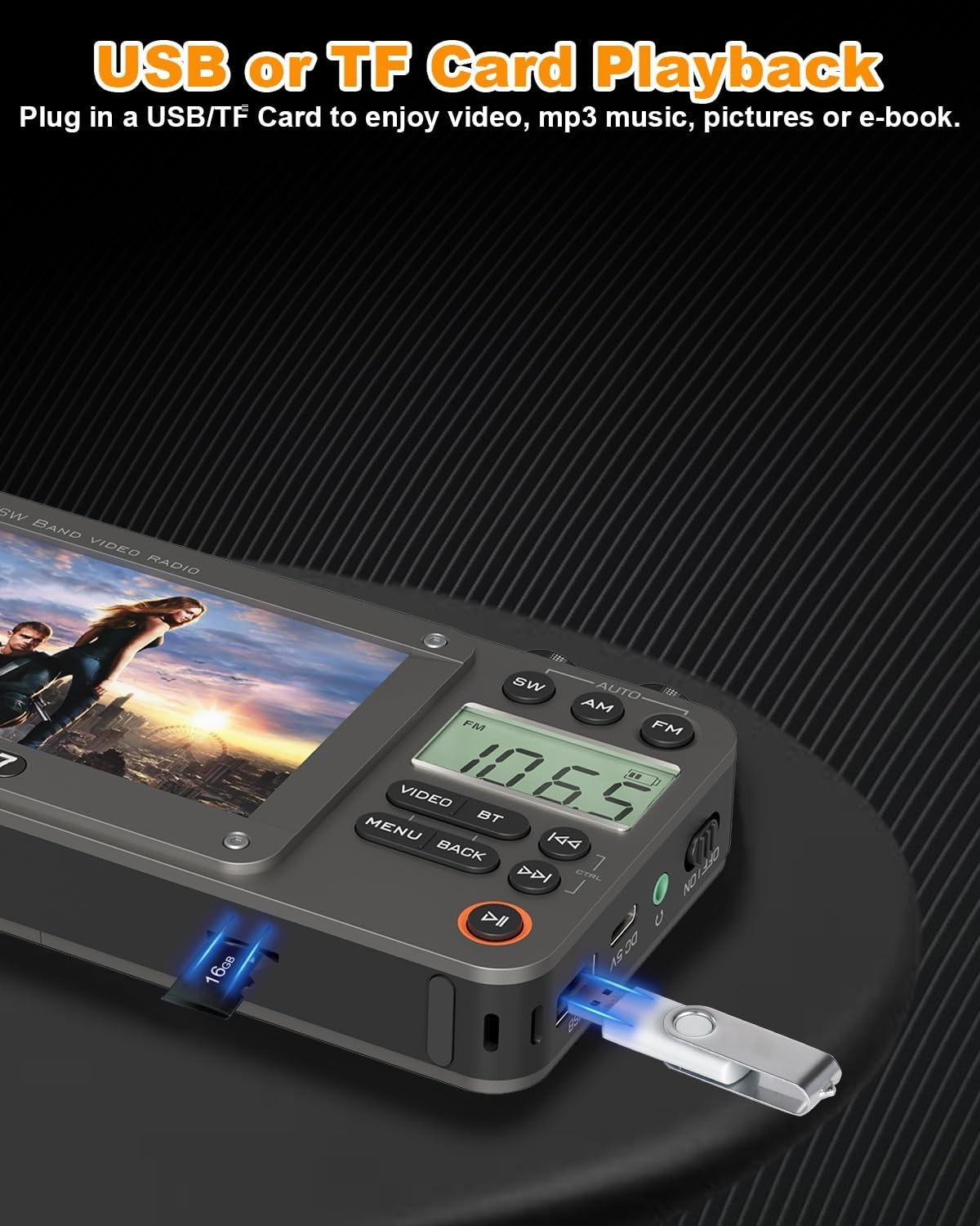 720p 4.3″ Screen AM FM SW Movie Video Radio with Bluetooth, Rechargeable Pocket