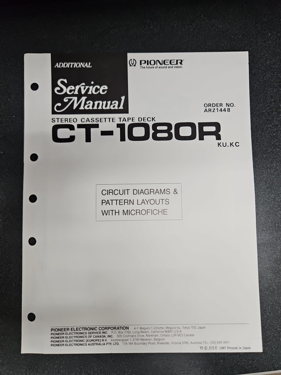 Pioneer CT-1080R Cassette Deck Circuit Diagram Service Manual w/Microfiche