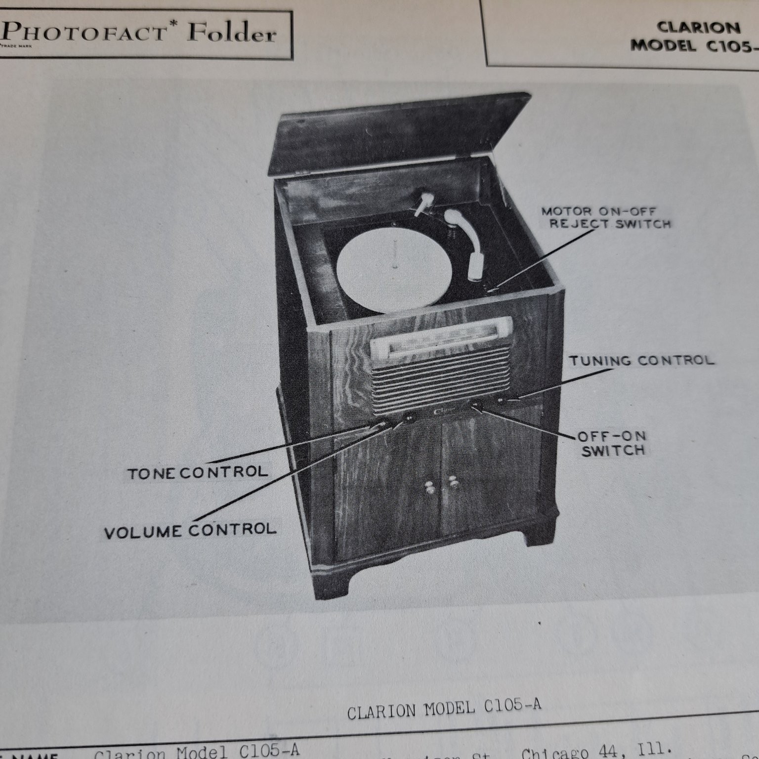 Clarion Manual C105-A Radio Phonograph 1948 Photofact Folder Illustrated