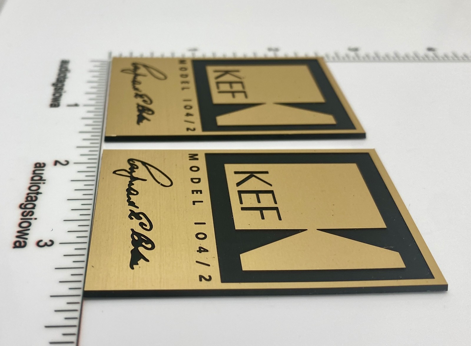 KEF 104/2 Speaker Badge Custom Gold Incised Laminated Plastic Pair Satin Gold