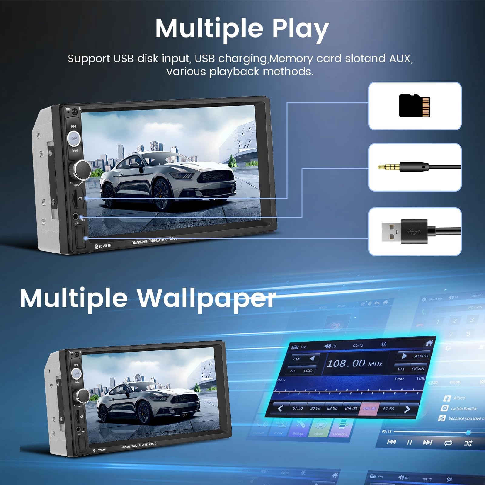 Hodozzy Double Din Car Stereo 7-Inch Touch Screen Car Radio Bluetooth Indash 2
