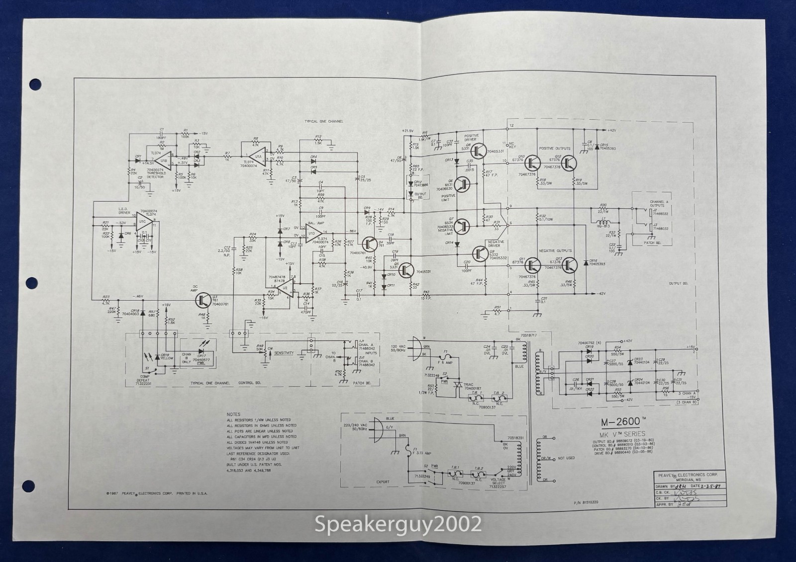 Original Peavey M-2600 Mark V Series Foldout Schematic