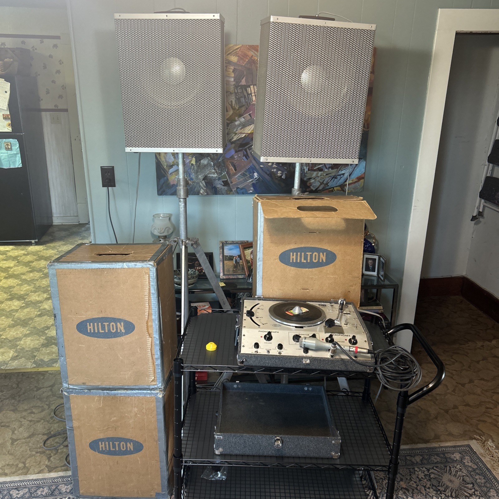 Vintage Hilton AC-300 PA Turntable K-120 Speakers EV DO56 Mic Stands Boxes Set