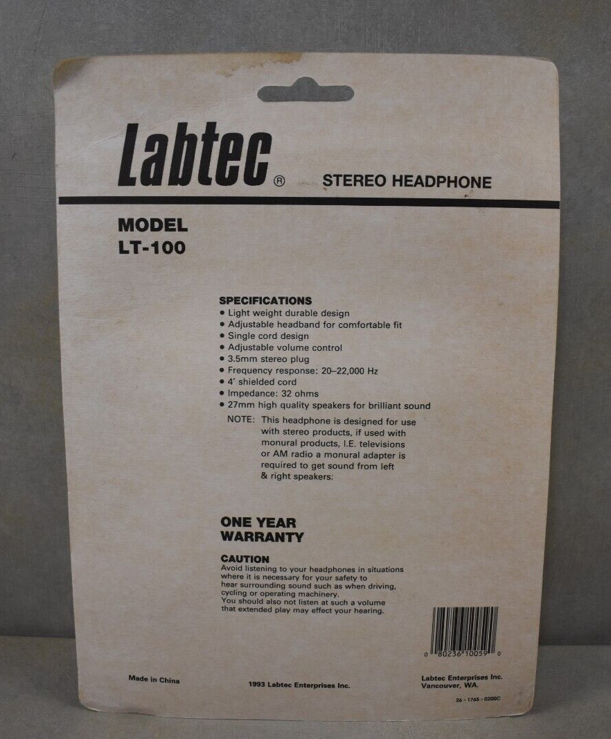 Vintage 1993 Labtec LT-100 Stereo Headphones New/Sealed