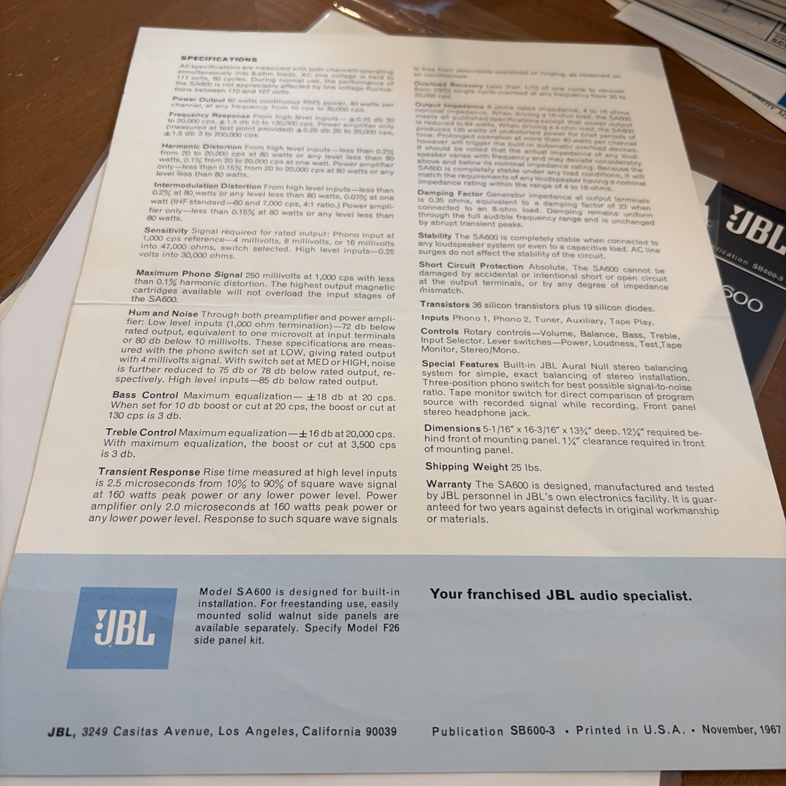 JBL SA600 Solid State Amplifier Promo Brochure 4 Pages