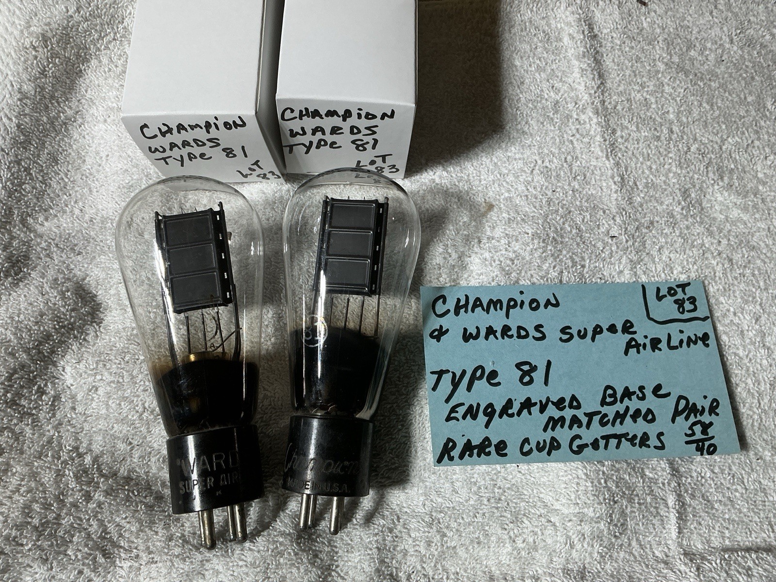GLOBE Vacuum TUBES Type 81 UX-281 CX-381 matched Wards Super Airline & Champion