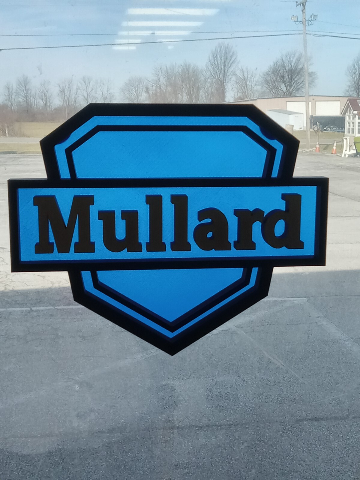 Mullard Logo Display Sign & Wood Base – Gold & Black on ‘Glass’ Blue -tubes