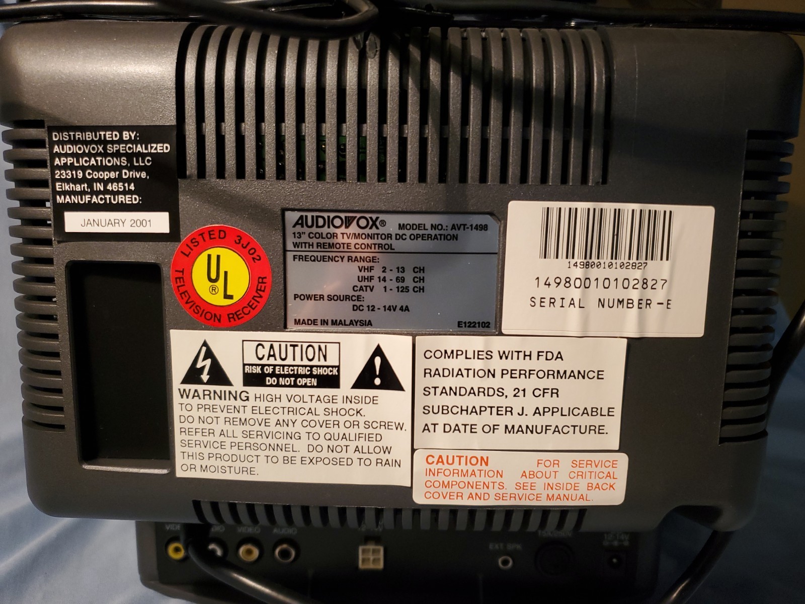 Audiovox AVT-1498 13″ Color Tv CRT Monitor W/ Power, AV Cable And Antenna WORKS!