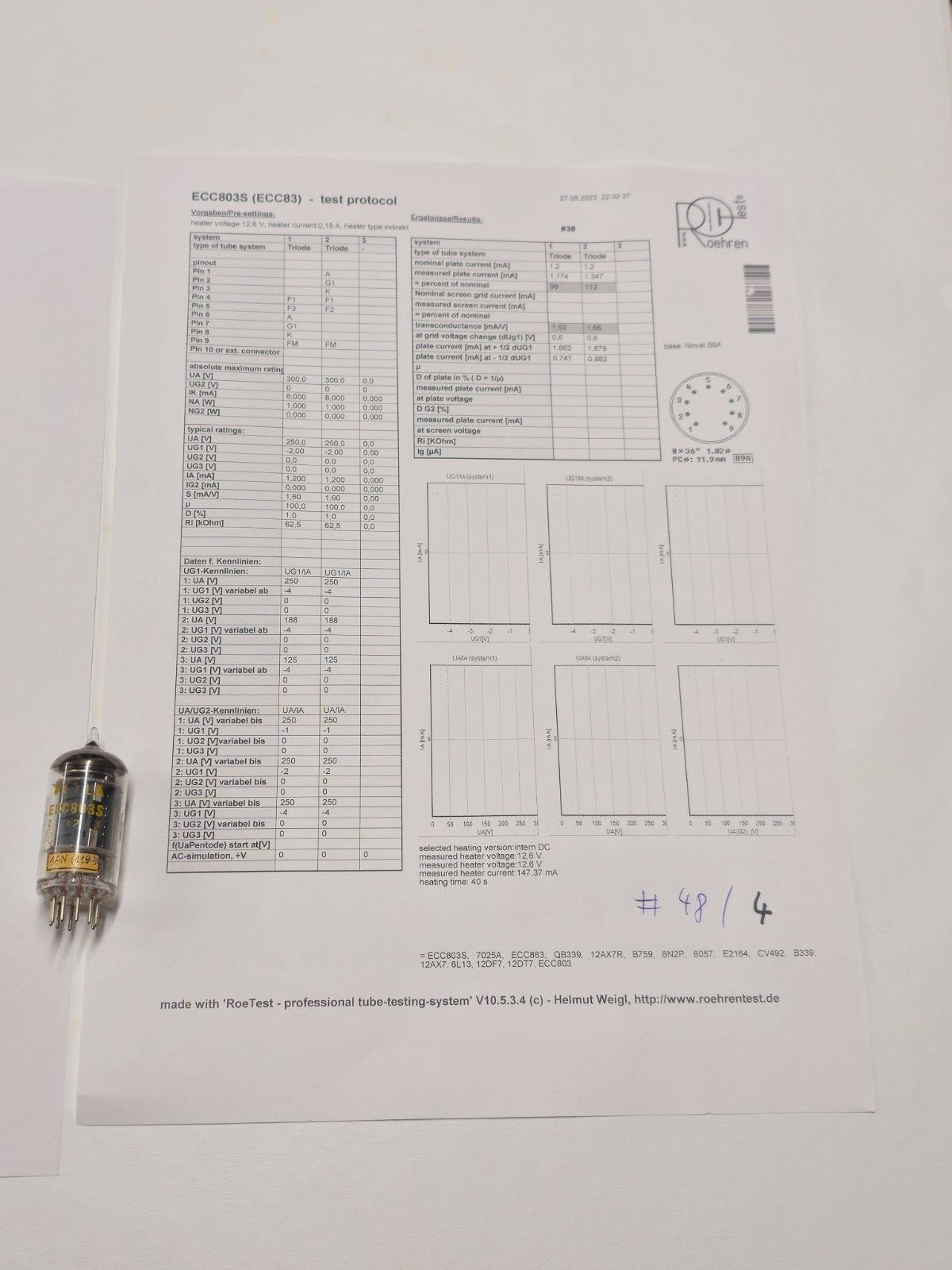2x VINTAGE TUBES TESLA ECC803S = 122/98% TESTED ON ROETEST V10 + TEST PROTOCOL