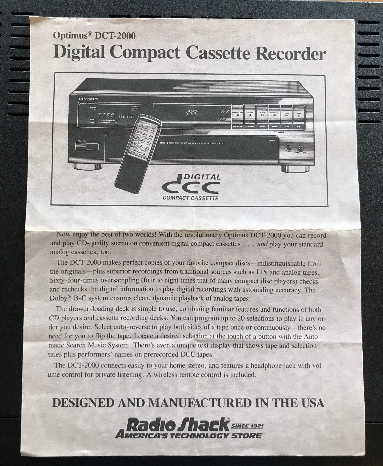 OPTIMUS DCT 2000 DCC DIGITAL COMPACT CASSETTE RECORDER/PLAYER W/EXTRAS