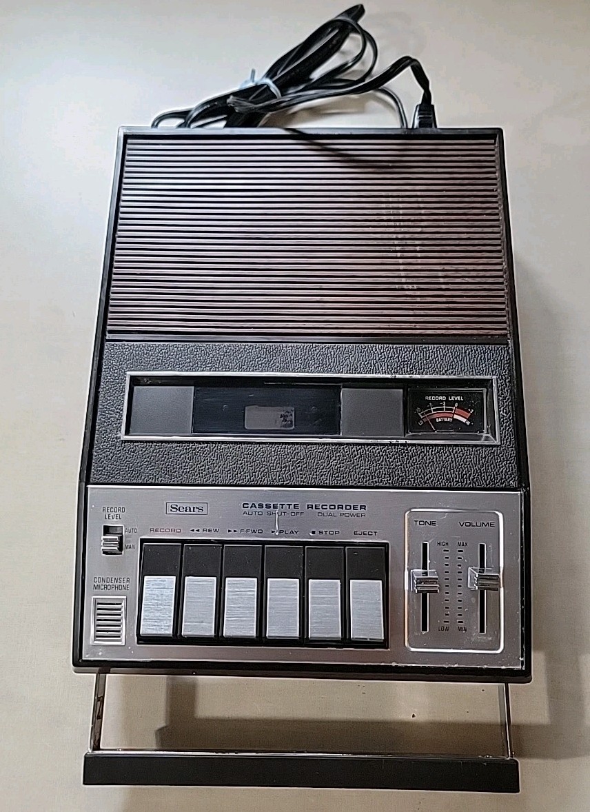 Vintage SEARS Portable Cassette Recorder w. Carry Handle Working/Battery Damaged