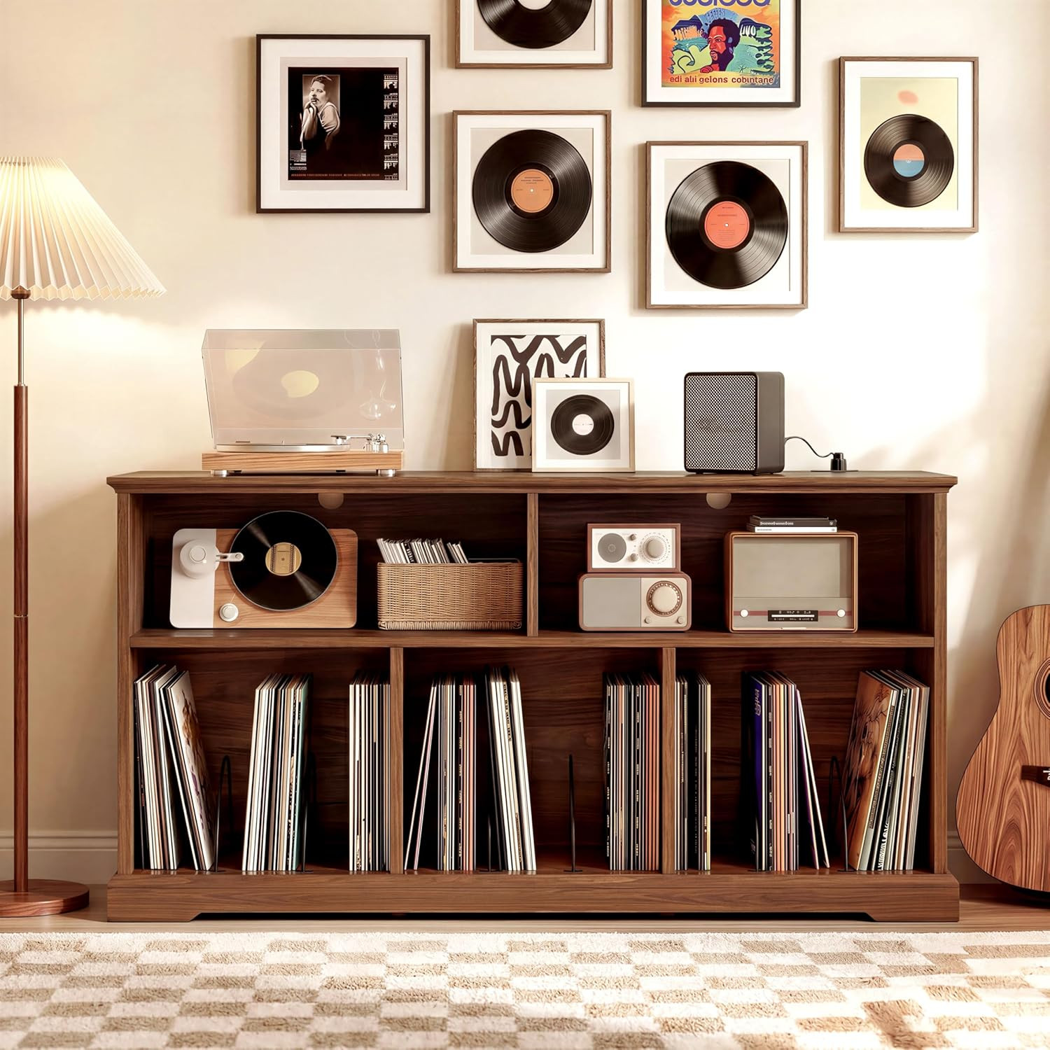 55″ Mid-Century Modern Record Player Stand with Charging Station