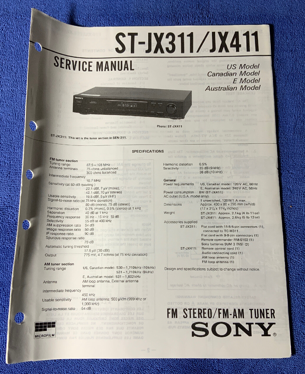 SONY ST-JX311/JX411 AM-FM TUNER ORIGINAL SERVICE MANUAL SCHEMATIC M765x