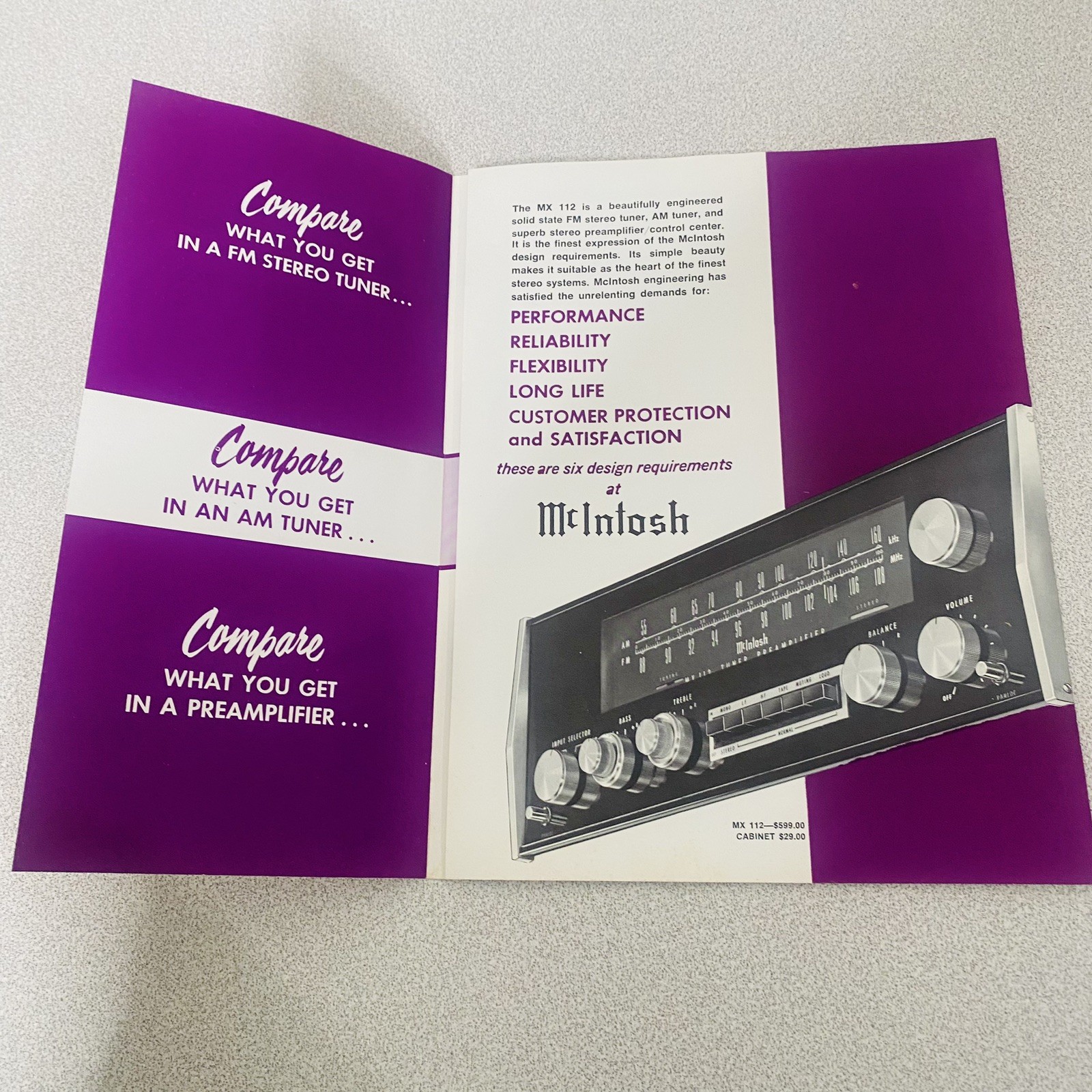 McIntosh MX112 Control Center Sales Brochure Pamphlet 038-309 Vtg W/ Specs