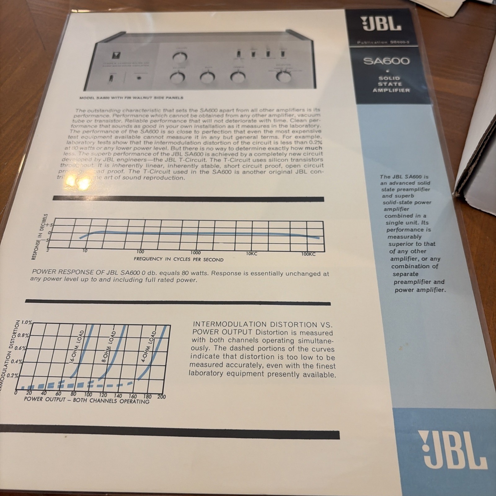 JBL SA600 Solid State Amplifier Promo Brochure 4 Pages