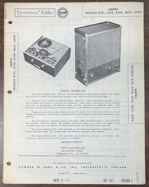 Ampex A-121-124 & A621/692 Sams Photofact Folder