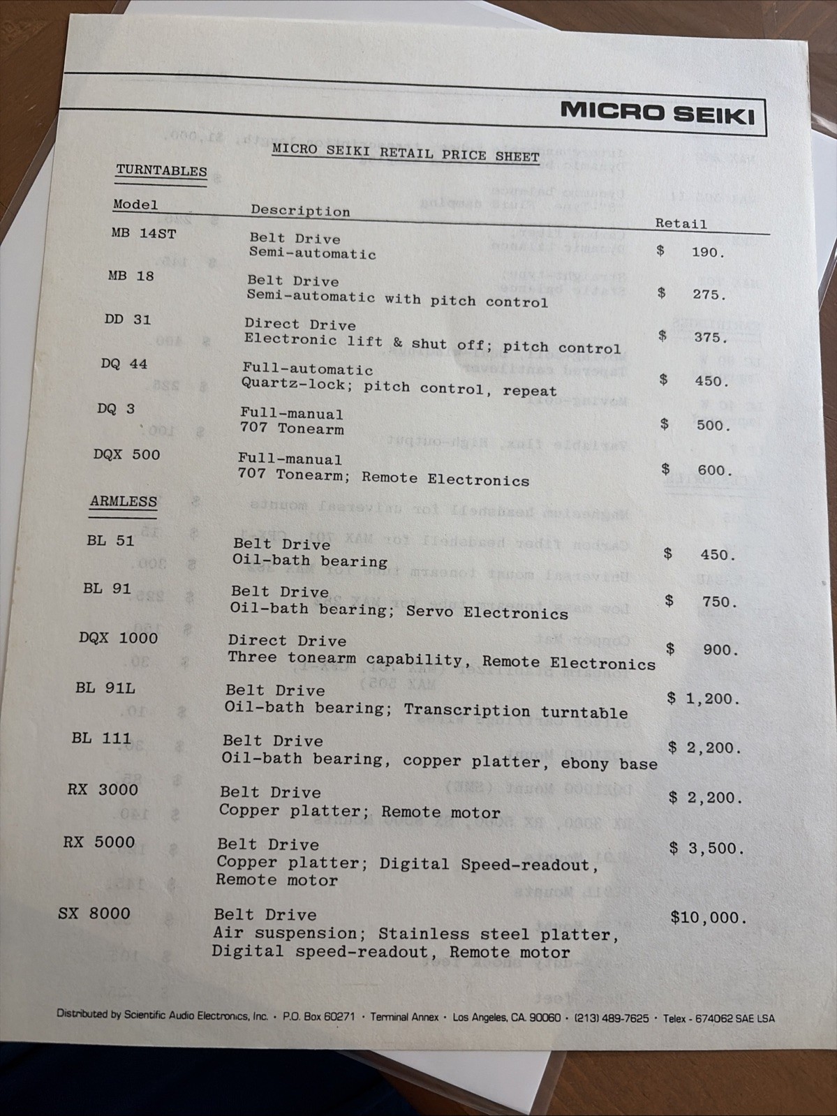 Micro Seiki Turntables Retail Price Sheet Brochure