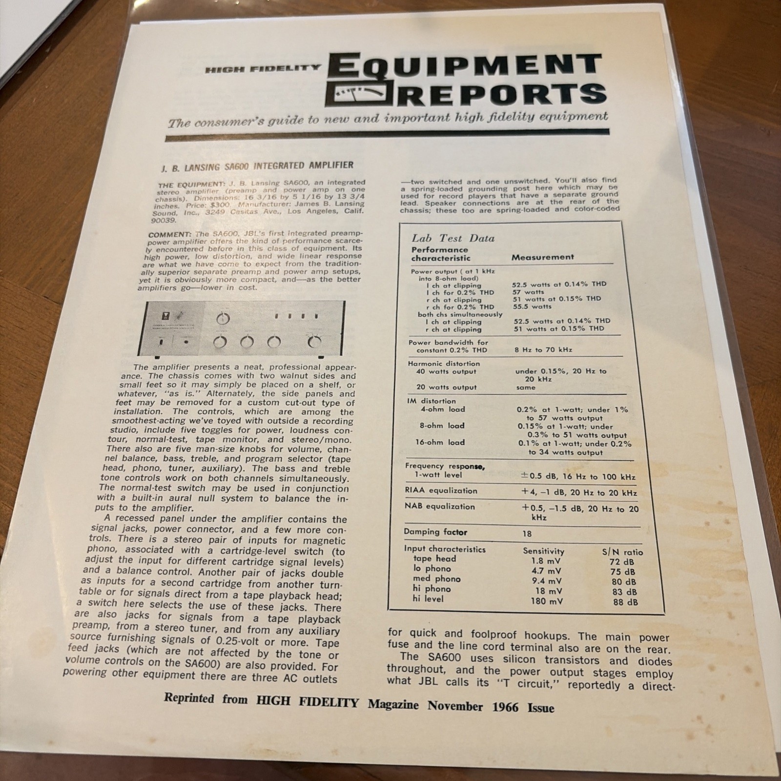 JBL High fidelity Equipment Reports SA 600 Nov 1966 2 Pages