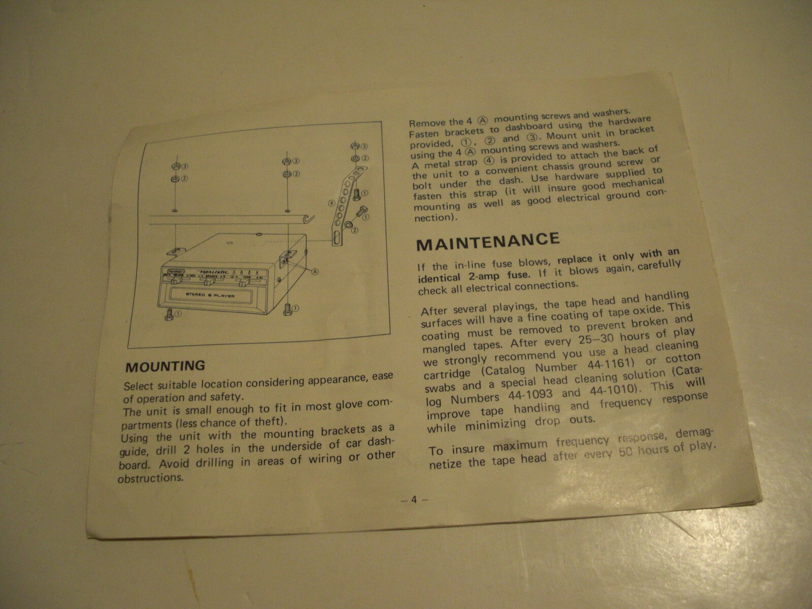 Orig Realistic/Radio Shack Owner’s Manual 12-1801 for Model 12-1800 Car 8-Track