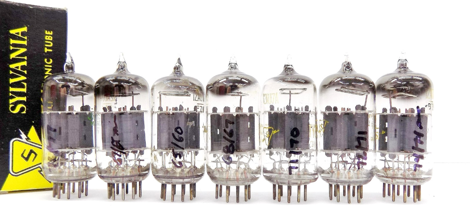 7 Nice Tested Late 1950’s Sylvania 12AU7/ECC82 Vacuum Tubes………….1 Money!