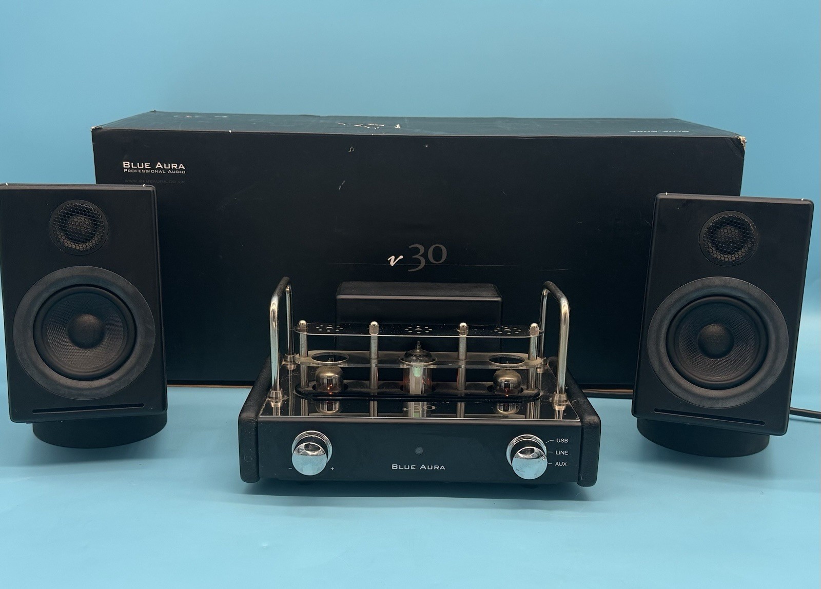 Blue Aura V30 Desktop Music HiFi Audio Tube Amplifier w Speakers -Parts NO Sound