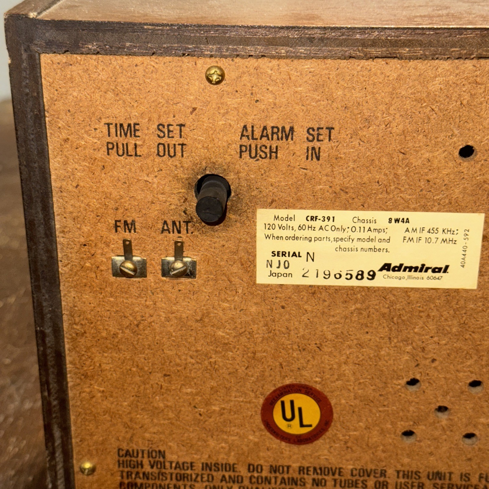 Vintage Admiral Wood Grain AM/FM Alarm Clock Radio, Model CRF-391