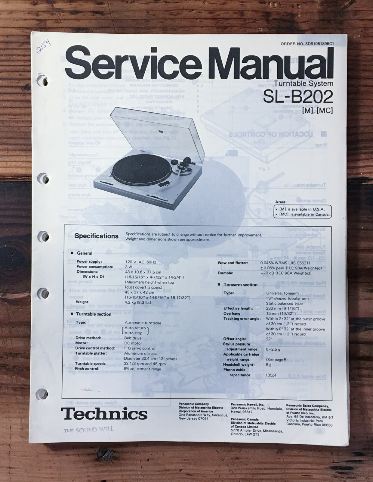Technics SL-B202 Record Player / Turntable Service Manual *Original*