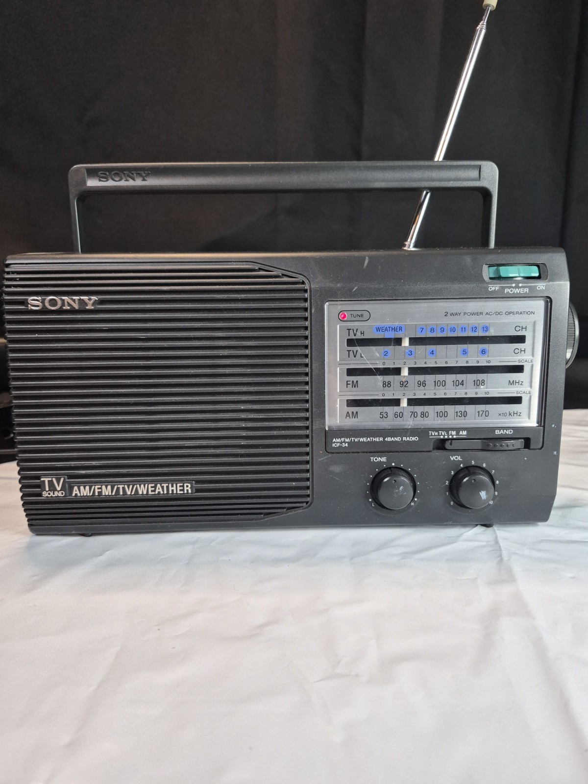 Sony TV Sound AM/FM/TV/Weather Radio Model ICF-34 Portable Works Perfect..