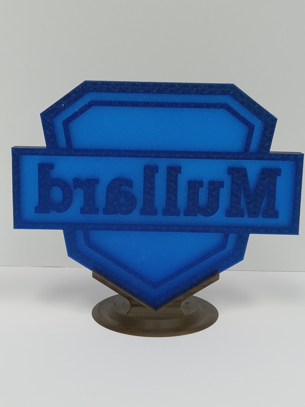 Mullard Logo Display Sign & Wood Base – Gold & Black on ‘Glass’ Blue -tubes