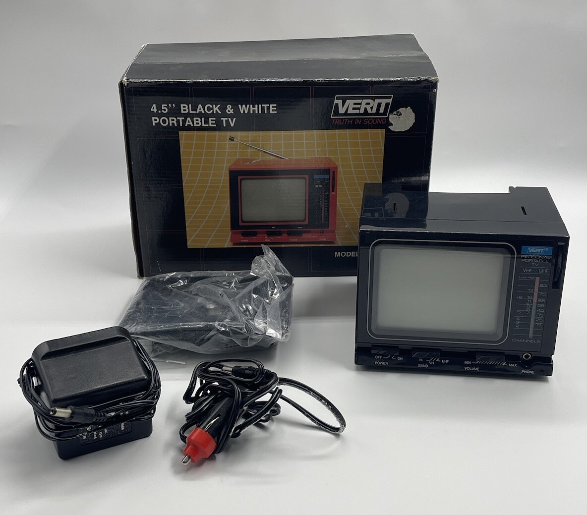 New Verit 4.5” Black & White Television; Complete w/ Original Box – Tested TV826