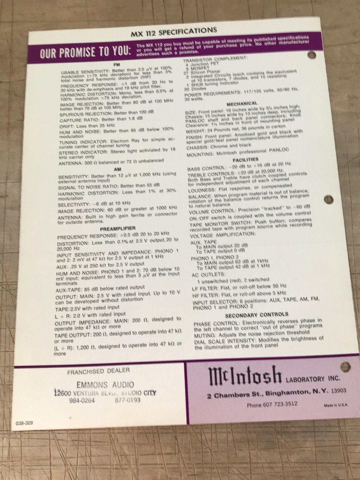 Vintage McIntosh MX 112 Stereo Tuner Preamp 1960’s Marketing Brochure