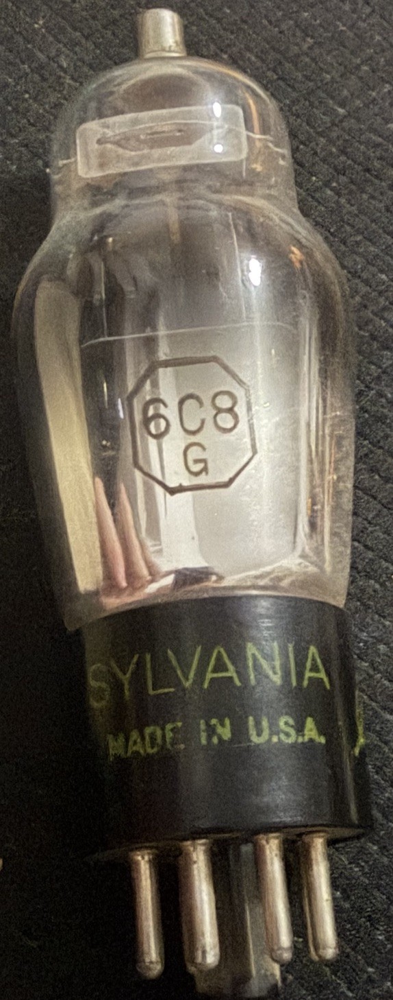 6C8G Sylvania Oak Leaf Bottom Dimpled Foil Getter Black Plates Preamp Tube Rare